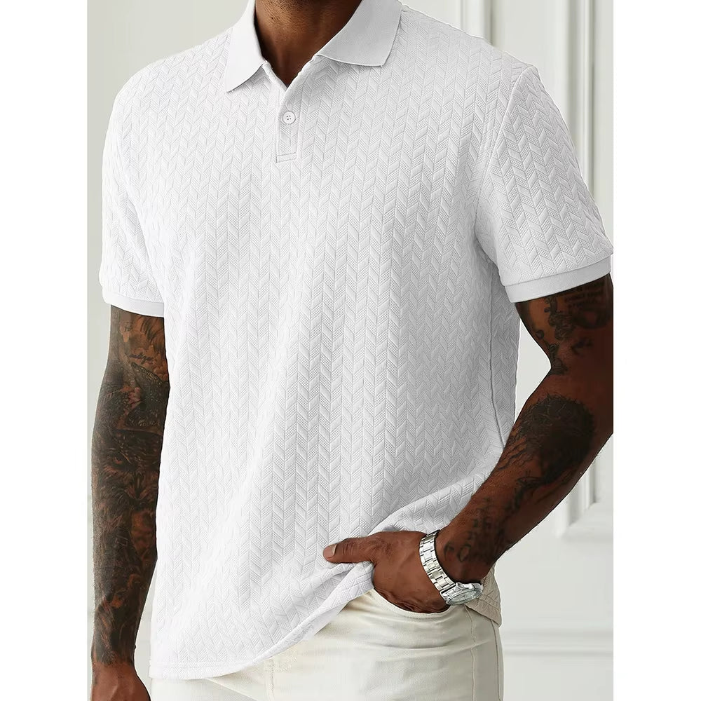 Spring Summer Mens High Quality Jacquard Polo Shirt Short Sleeve Heavyweight Casual T-Shirt Turn-Down Collar Fashion Button Up