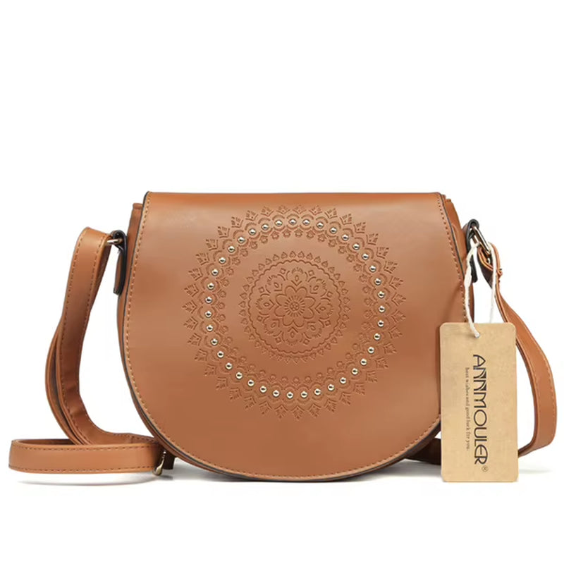 Vintage Crossbody Bag Pu Leather Women Shoulder Bag Floral Embossed Rivet Messenger Bag for Girls Small Handbag