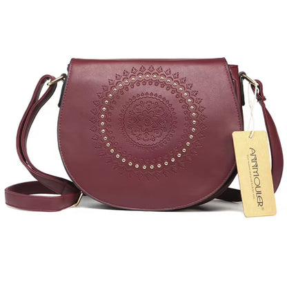 Vintage Crossbody Bag Pu Leather Women Shoulder Bag Floral Embossed Rivet Messenger Bag for Girls Small Handbag