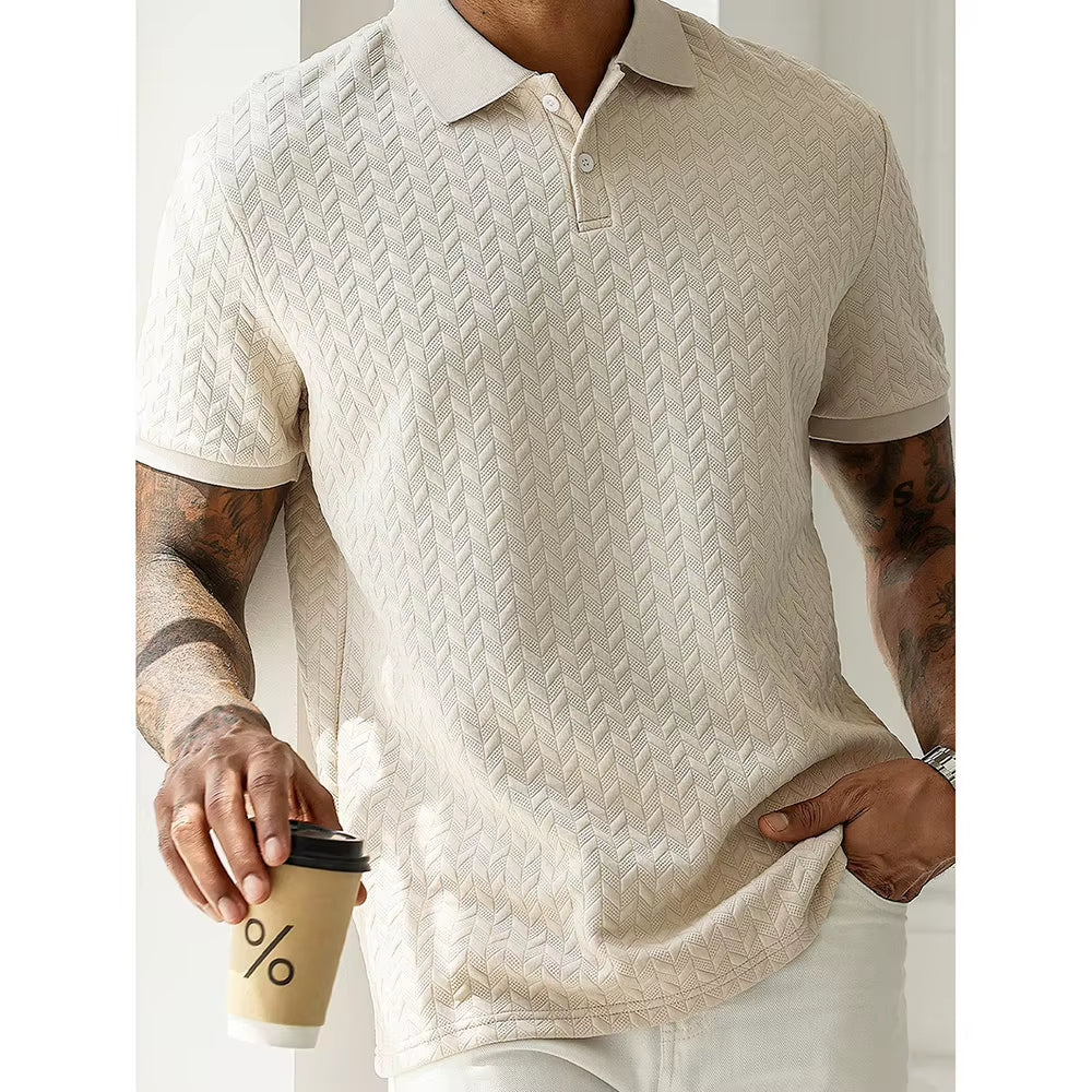 Spring Summer Mens High Quality Jacquard Polo Shirt Short Sleeve Heavyweight Casual T-Shirt Turn-Down Collar Fashion Button Up