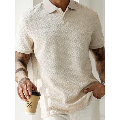 Spring Summer Mens High Quality Jacquard Polo Shirt Short Sleeve Heavyweight Casual T-Shirt Turn-Down Collar Fashion Button Up