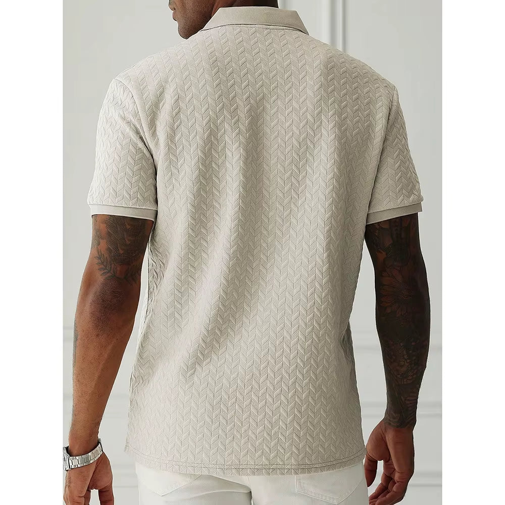 Spring Summer Mens High Quality Jacquard Polo Shirt Short Sleeve Heavyweight Casual T-Shirt Turn-Down Collar Fashion Button Up