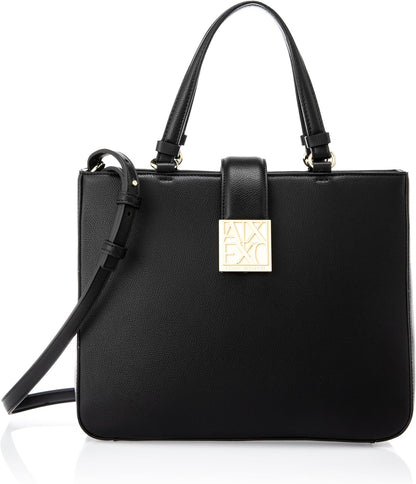 Armani Exchange Donna Amy, Sustainable, Gold Logo Plate Tote Bag M, Nero