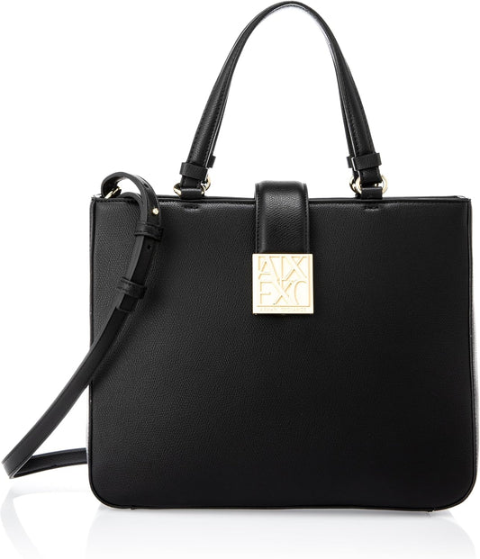 Armani Exchange Donna Amy, Sustainable, Gold Logo Plate Tote Bag M, Nero