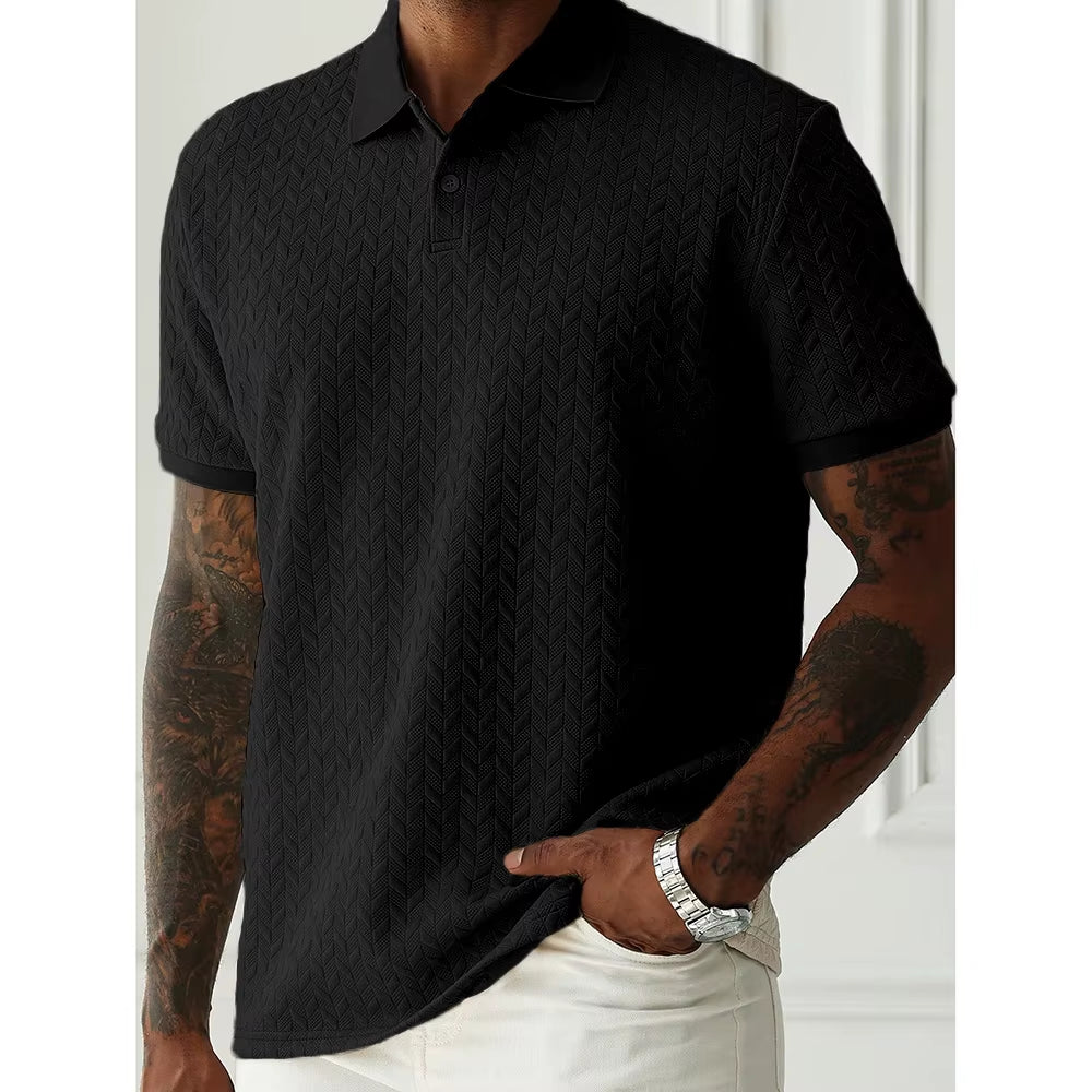 Spring Summer Mens High Quality Jacquard Polo Shirt Short Sleeve Heavyweight Casual T-Shirt Turn-Down Collar Fashion Button Up