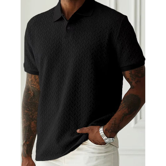 Spring Summer Mens High Quality Jacquard Polo Shirt Short Sleeve Heavyweight Casual T-Shirt Turn-Down Collar Fashion Button Up